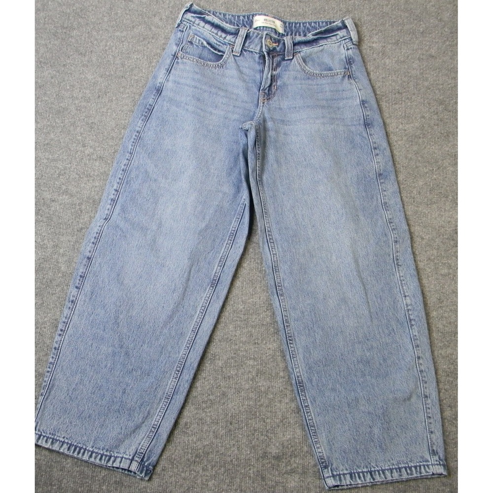 Hollister Womens W26 Short Low Rise Taper Baggy Jeans Light Wash Blue Denim